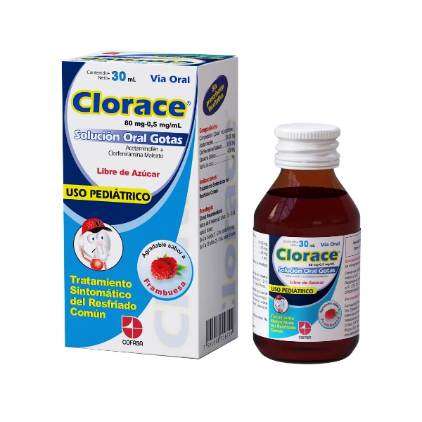 Clorace Acetaminofén+Clorfeniramina En Gotas Pediátrico Sabor Frambuesa 30ml Cofasa