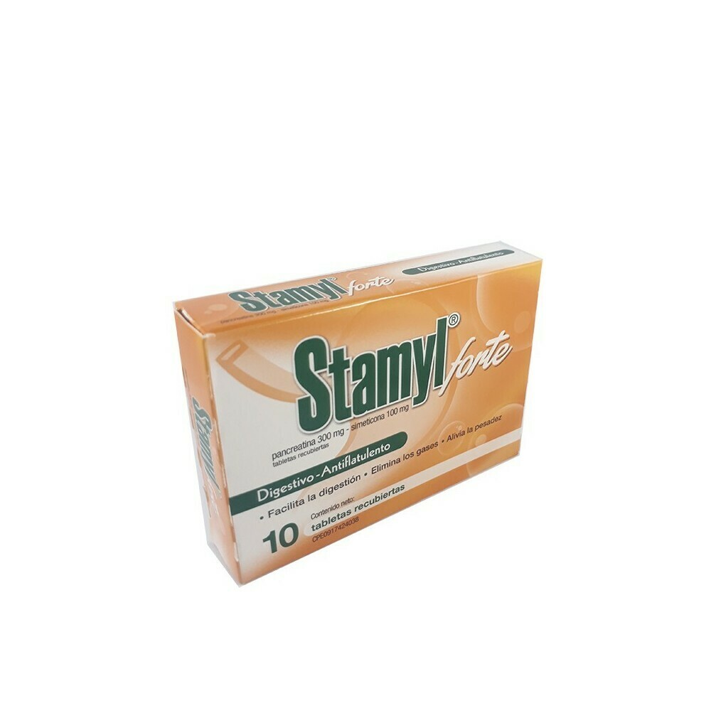 Stamyl Forte Pancreatina+Simeticona 300mg/100mg x 10 Tabletas - Farma