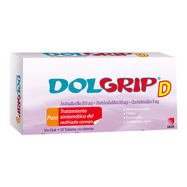 Dol Grip D Acetaminofén+Clorfeniramina+Pseudofedrina 10 Tabletas - Calox