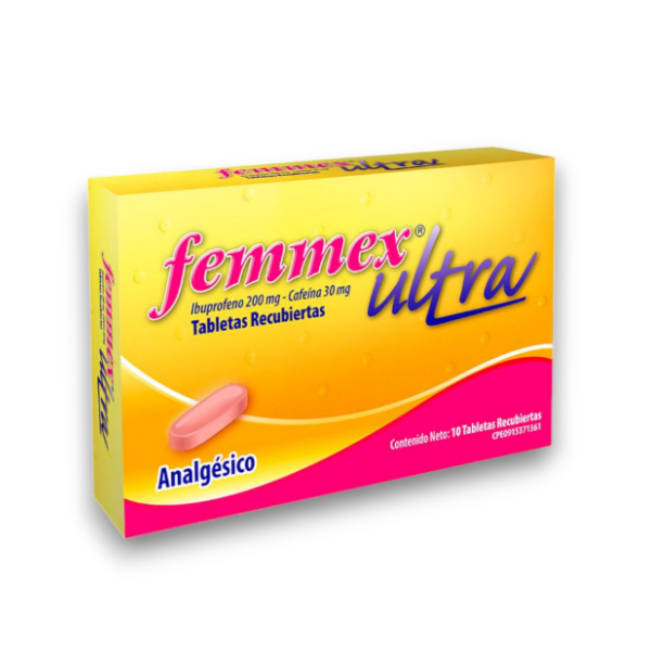 Femmex Ultra Ibuprofeno+Cafeína 200mg/30mg x 10 Tabletas - Farma