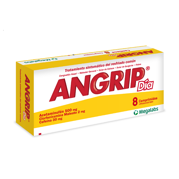 Angrip Día Acetaminofén+ Clorfeniramina + Cafeína x 8 Comprimidos - Megalabs