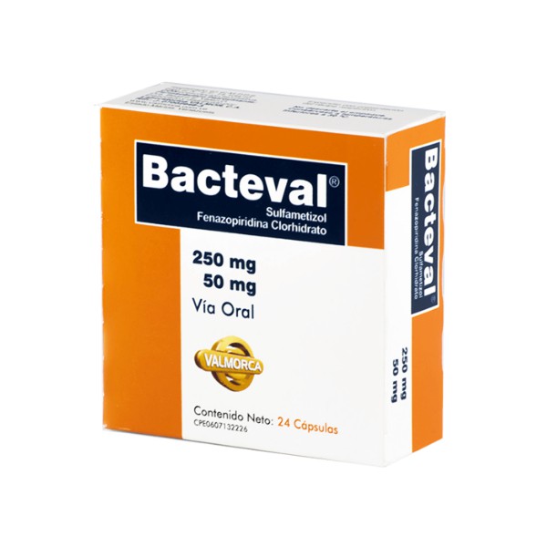 Bacteval Fenazopiridina + Sulfametizol 250-50mg x 24 Cápsulas -