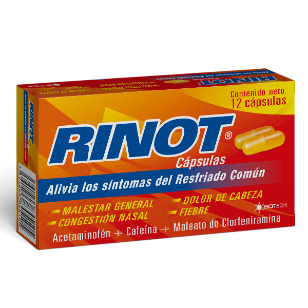 Rinot Acetaminofén + Clorfeniramina + Cafeína x 12 Cápsulas - Biotech