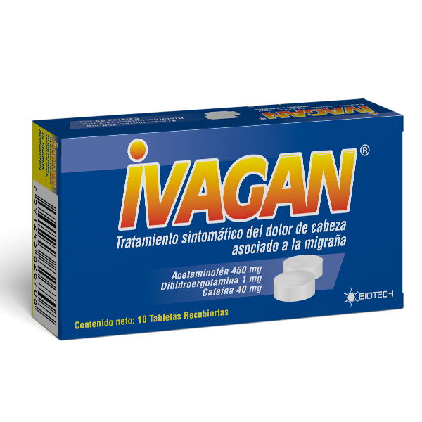 Ivagan Acetaminofén+Cafeína+Dihidroergotamina 10 Tabletas - Biotech