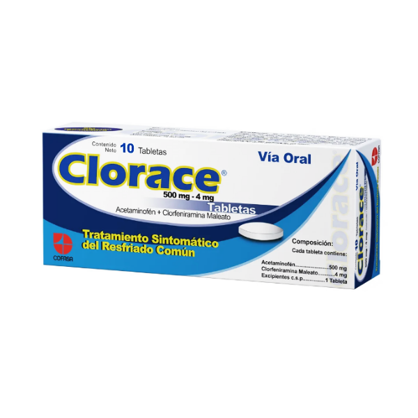 Clorace Acetaminofén+Clorfeniramina 500mg/4mg x 10 Tabletas - Cofasa
