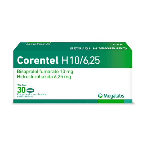 Corentel H Bisoprolol+Hidroclorotiazida 10/6.25mg x 30 Comprimidos - Megalabs