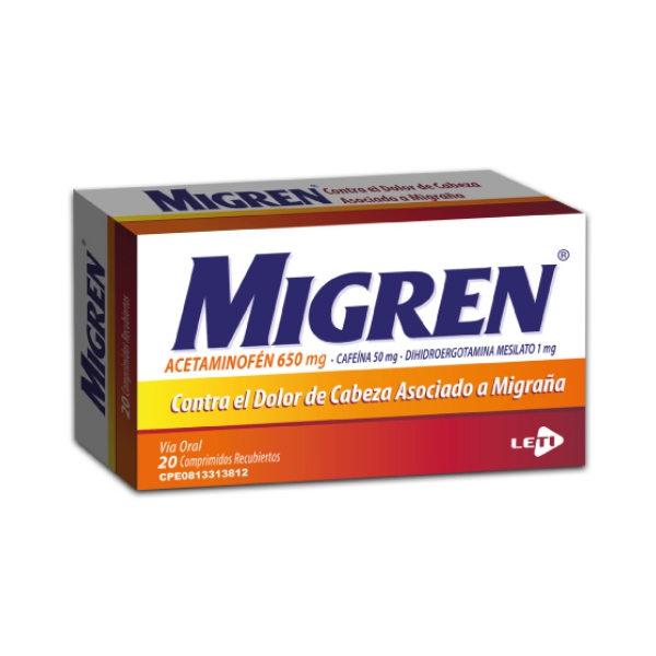 Migren Acetaminofén+Cafeína+Dihidroergotamina x 20 Comprimidos - Leti