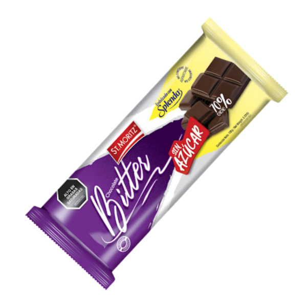St.Moritz Chocolate Oscuro Bitter 70% Cacao Sin Azúcar/Endulzado Con Splenda 100g