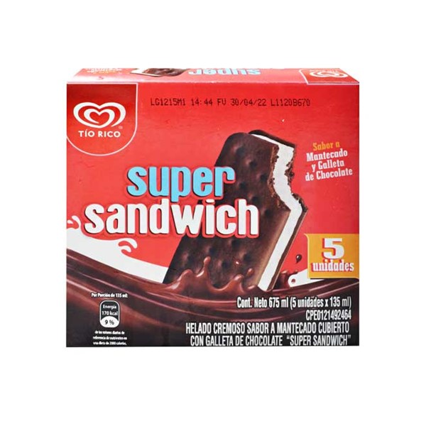 Tio Rico Helado Sandwich Mantecado Y Galleta De Chocolate Mpk 5 Unidades x 135ml