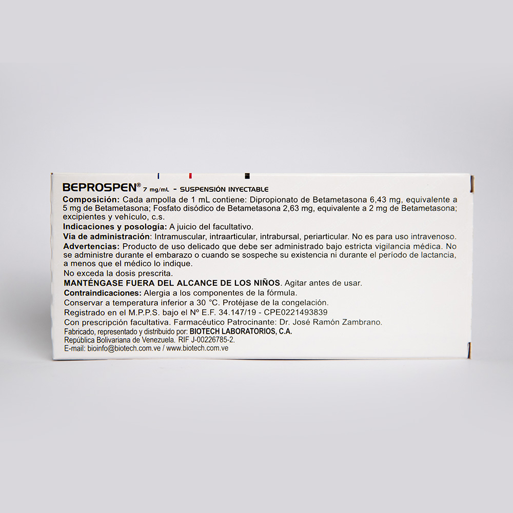 Beprospen Betametasona Suspensión Inyectable Ampolla 7mg/ml x 1ml - Biotech - Imagen 3