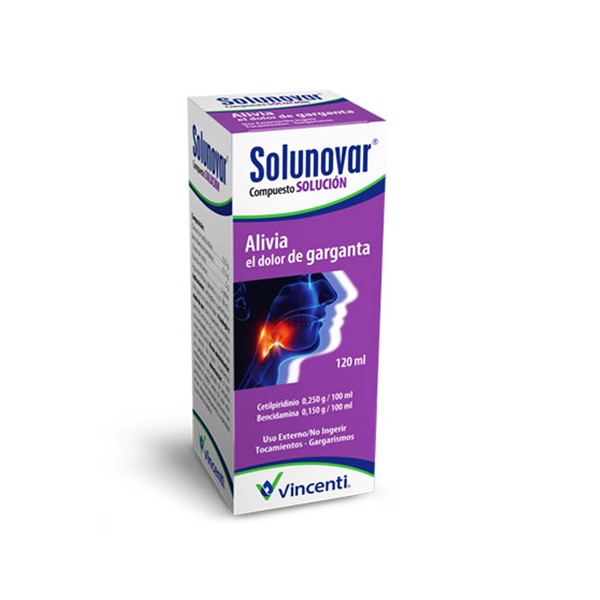 Solunovar Bencidamina+Cetilpiridinio Jarabe 0.25mg-0.15mg/100ml x 120ml - Vicenti