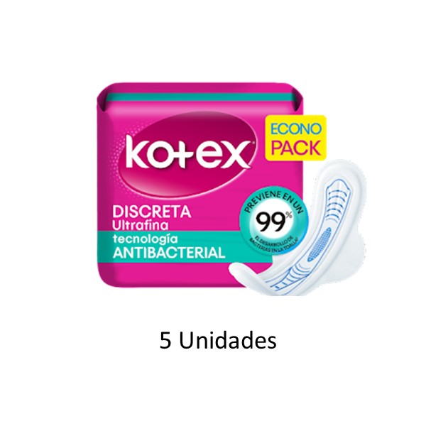Kotex Toallas Discreta Antibacterial x 5 Unidades