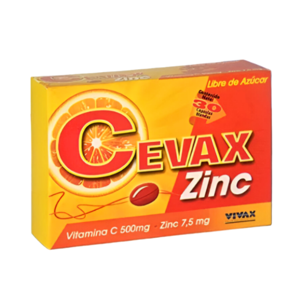 Cevax Zinc Vitamina C+Zinc 500mg/7.5mg x 30 Cápsulas Blandas Vivax