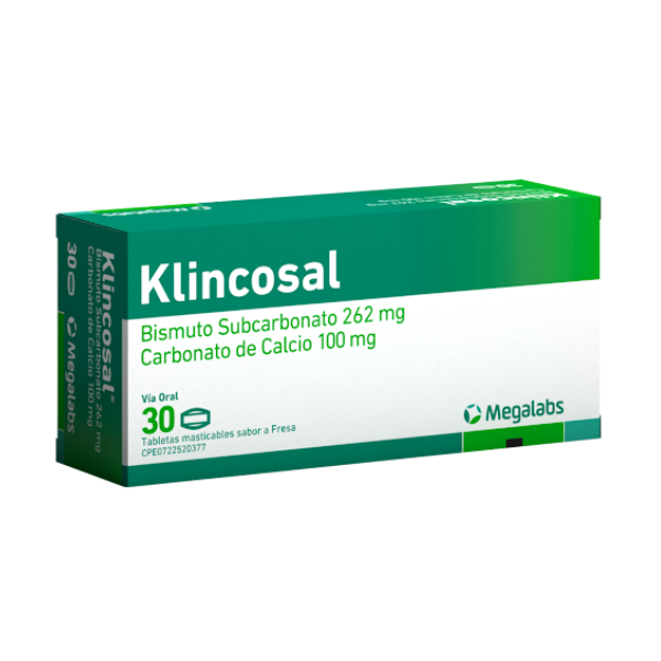 Klincosal Bismuto Subcarbonato+Carbonato De Calcio 262mg/100mg x 30 Tabletas Masticables Sabor Uva Megalabs