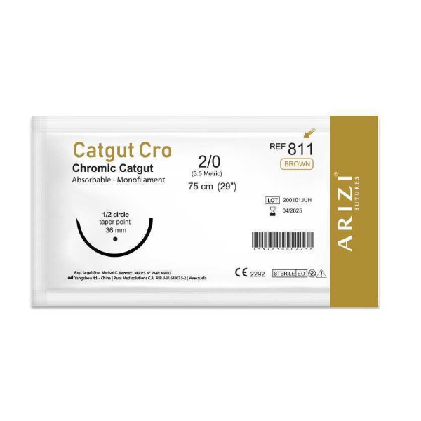 Sutura Catgut Crómico 2-0 Aguja Curva No Cortante/Absorbible 36MM R-811 Arizi