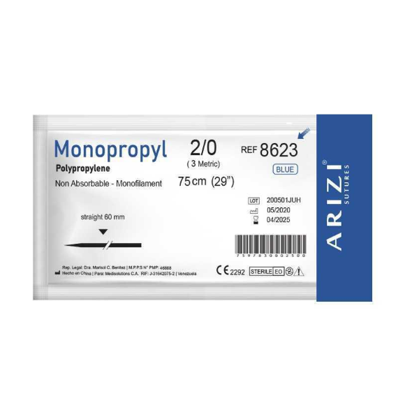 Sutura Prolene 2-0 Aguja Recta Cortante No Absorbible 60MM R-8623 Arizi