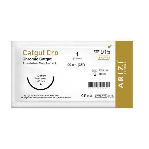 Sutura Catgut Cromico 1 Aguja Curva No Cortante/Absorbible 40MM R-915 Arizi