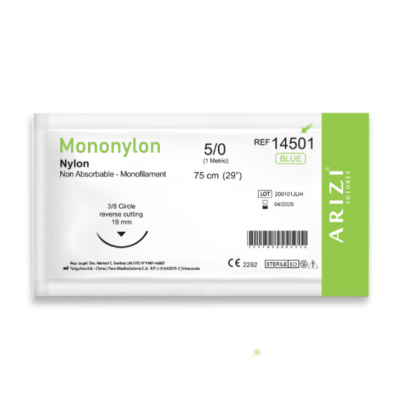 Sutura Nylon 5-0 Aguja Curva/Cortante/No Absorbible 19MM R-14501 Arizi