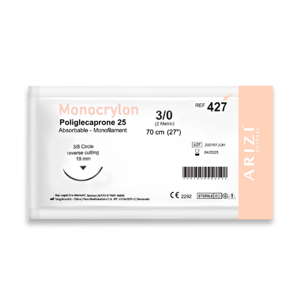 Sutura Monocryl 3-0 Aguja Curva Cortante Absorbible 19MM-70CM R-427 Arizi