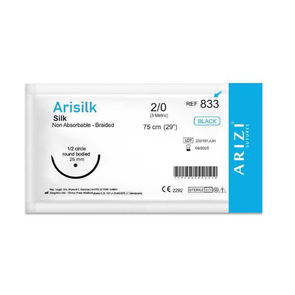 Sutura Seda Silk 2-0 Aguja Curva No Cortante No Absorbible 26 MM R-833 Arizi