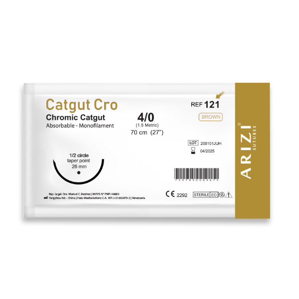 Sutura Catgut Cromico 4-0 Aguja Curva/No Cortante/Absorbible 26MM R-121 Arizi