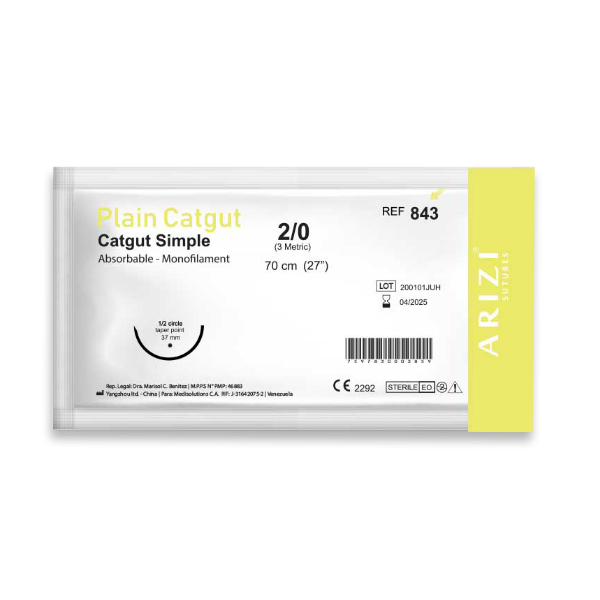 Sutura Catgut Simple 2-0 Aguja Curva/No Cortante/Absorbible Arizi R-843
