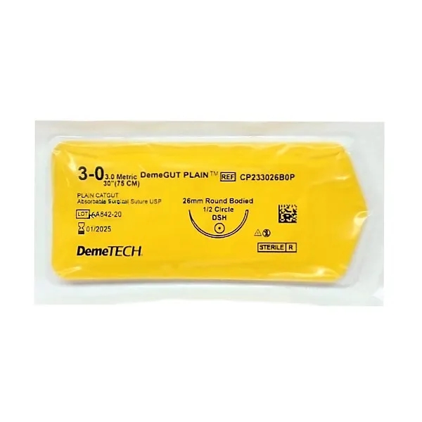 Sutura Catgut Simple 3-0 Aguja Curva/No Cortante/Absorbible Demetech