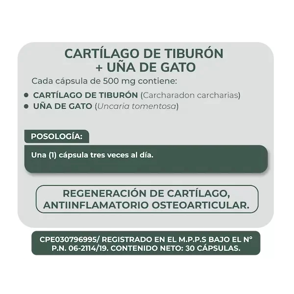 Cartilago De Tiburon+Uña De Gato 250Mg/250Mg X 30 Cápsulas Herbaplant - Imagen 2