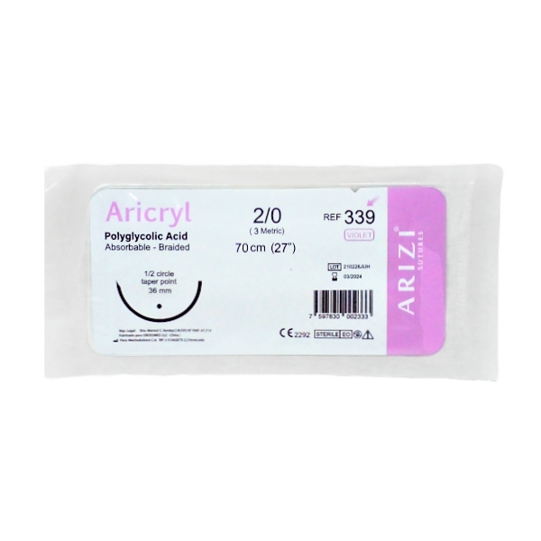 Sutura Vicryl 2-0 Aguja Curva/No Cortante/Absorbible 36MM Arizi