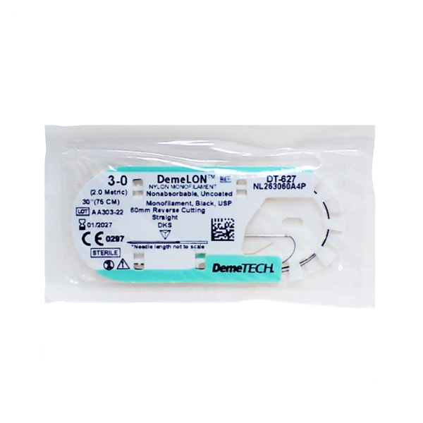 Sutura Nylon 3-0 Aguja Recta Cortante No Absorbible Demetech