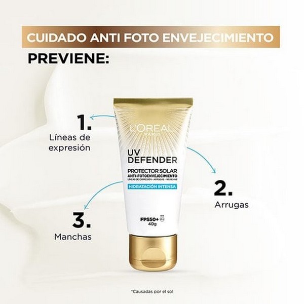 Loreal Protector Solar Diario Fps50+ Uv Defender Hidratación Intensa + Ácido Hialurónico 40Gr. - Imagen 4