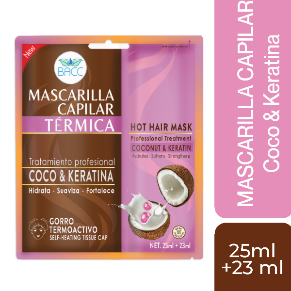 Bacc Mascarilla Capilar Gorro Termico Coco&Keratina X 25Ml+23Ml