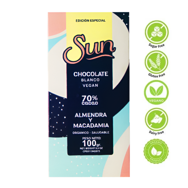 Sun Chocolate Blanco Con Macadamia Y Almendra Sin Azúcar 100Gr.