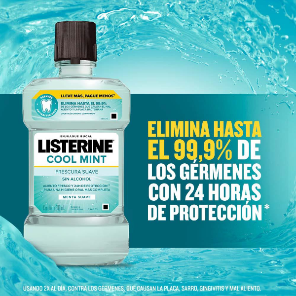 Listerine Enjuague Bucal Cool Mint Zero Alcohol Menta Suave 500Ml - Imagen 2