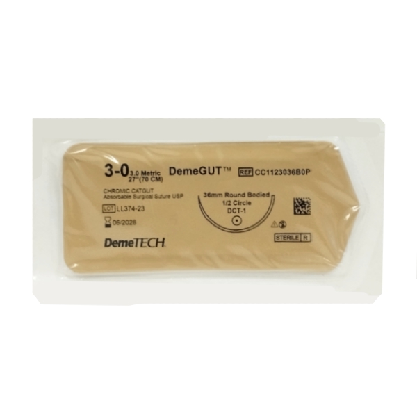 Sutura Cromico 3-0 Aguja Curva No Cortante Absorbible 36Mm Demetech