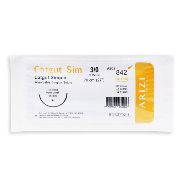 Sutura Catgut Simple 3-0 Aguja Curva No Cortante/Absorbible 36Mm-70Cm R-842 Arizi