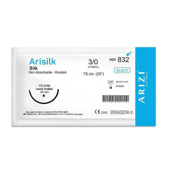 Sutura Seda Silk 3-0 Aguja Curva P.C. No Cortante/No Absorbible R-832 Arizi