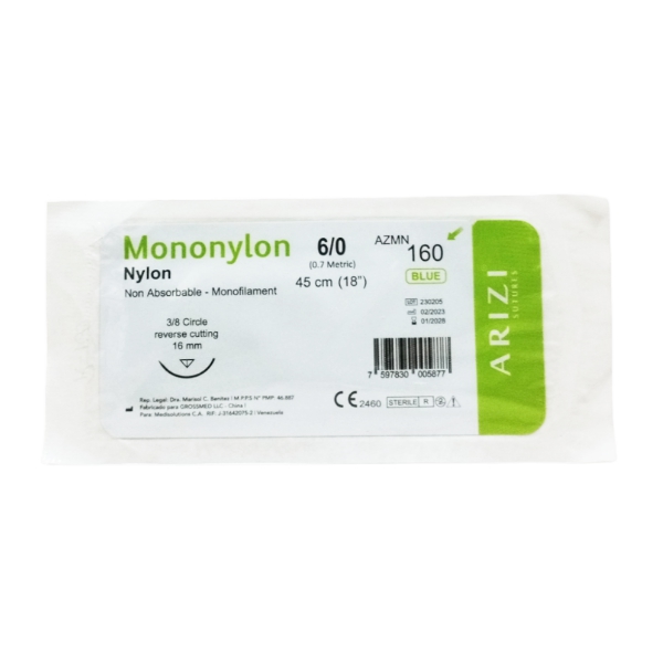 Sutura Nylon 6-0 Aguja Curva Cortante/No Absorbible 16Mm R-160 Arizi