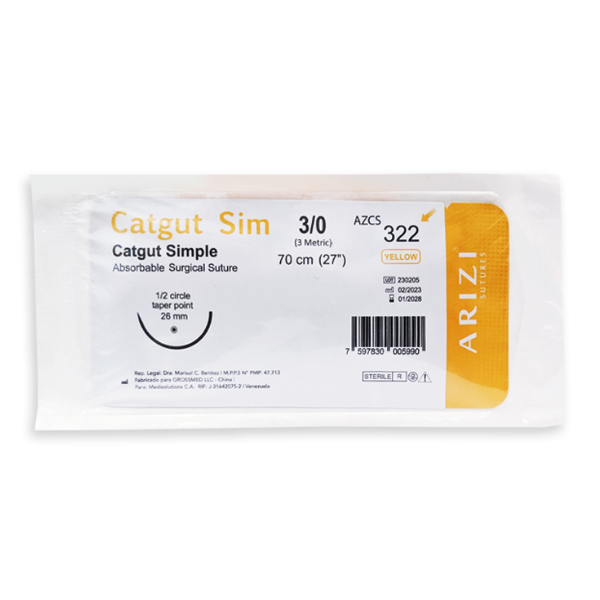 Sutura Catgut Simple 3-0 Aguja Curva No Cortante/Absorbible 26Mm R-322 Arizi
