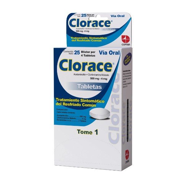 Clorace Acetaminofén+Clorfeniramina X 4 Tabletas De Dispensador Cofasa