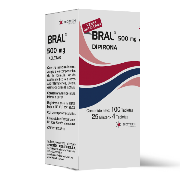 Bral Dipirona 500Mg X 4 Tabletas De Dispensador Biotech