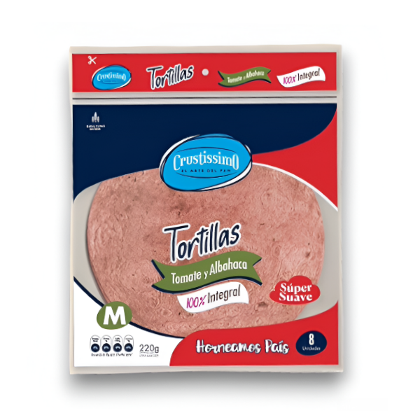 Crustissimo Tortillas Tomate Y Albahaca 100% Integral 8 Unidades 680Gr