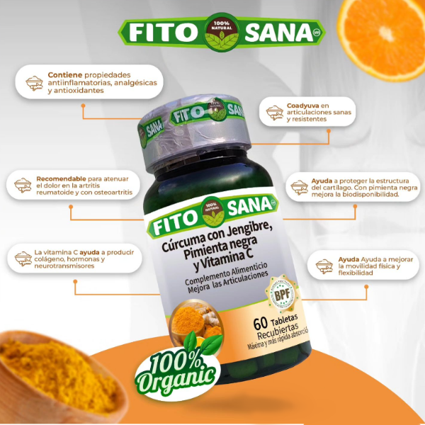 Cúrcuma Jengibre+Pimienta Negra + Vitamina C 480Mg X 60 Tabletas Fitosana - Imagen 2