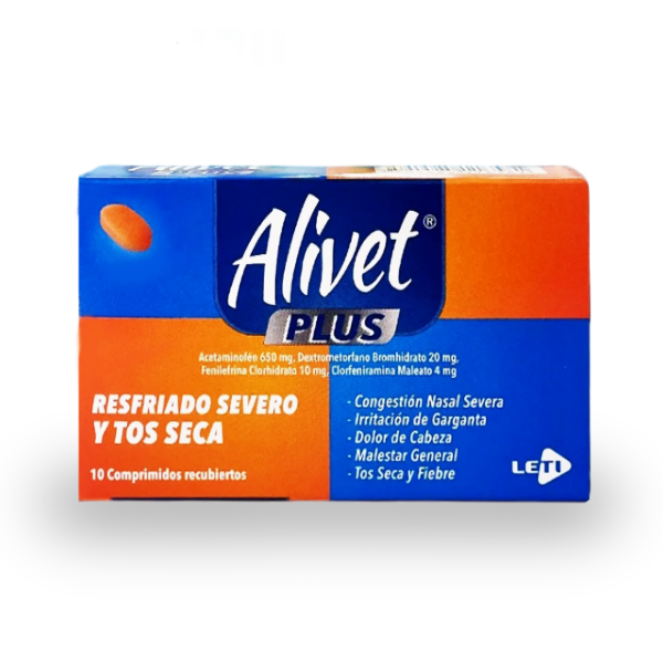 Alivet Plus Acetaminofen+Dextrometorfano+Fenilefrina+Clorfeniramina 650Mg X 10 Comprimidos Leti
