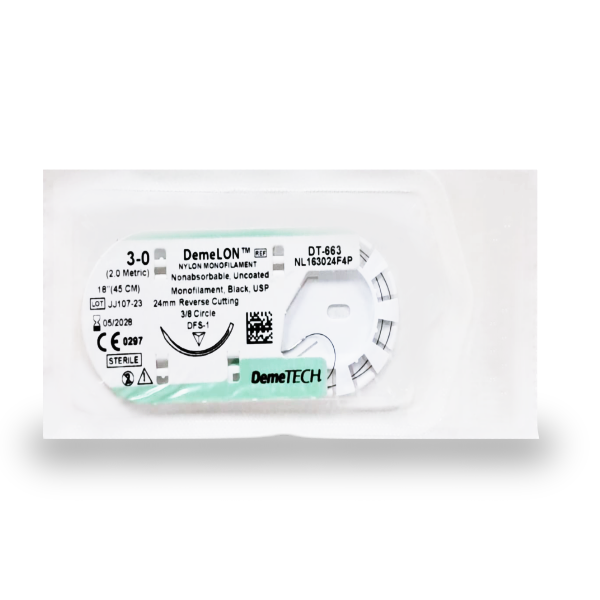 Sutura Nylon 3-0 Aguja Curva Cortante/No Absorbible 24Mm/45Cm Demetech