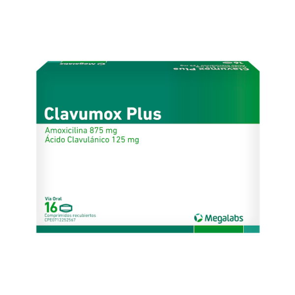 Clavumox Plus 875mg/125mg Amoxicilina+ Ácido Clavulánico X 16 Comprimidos Megalabs