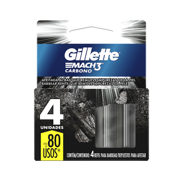 Gillette Mach3 Carbono Cartucho 3Hojas X 4 Unidades
