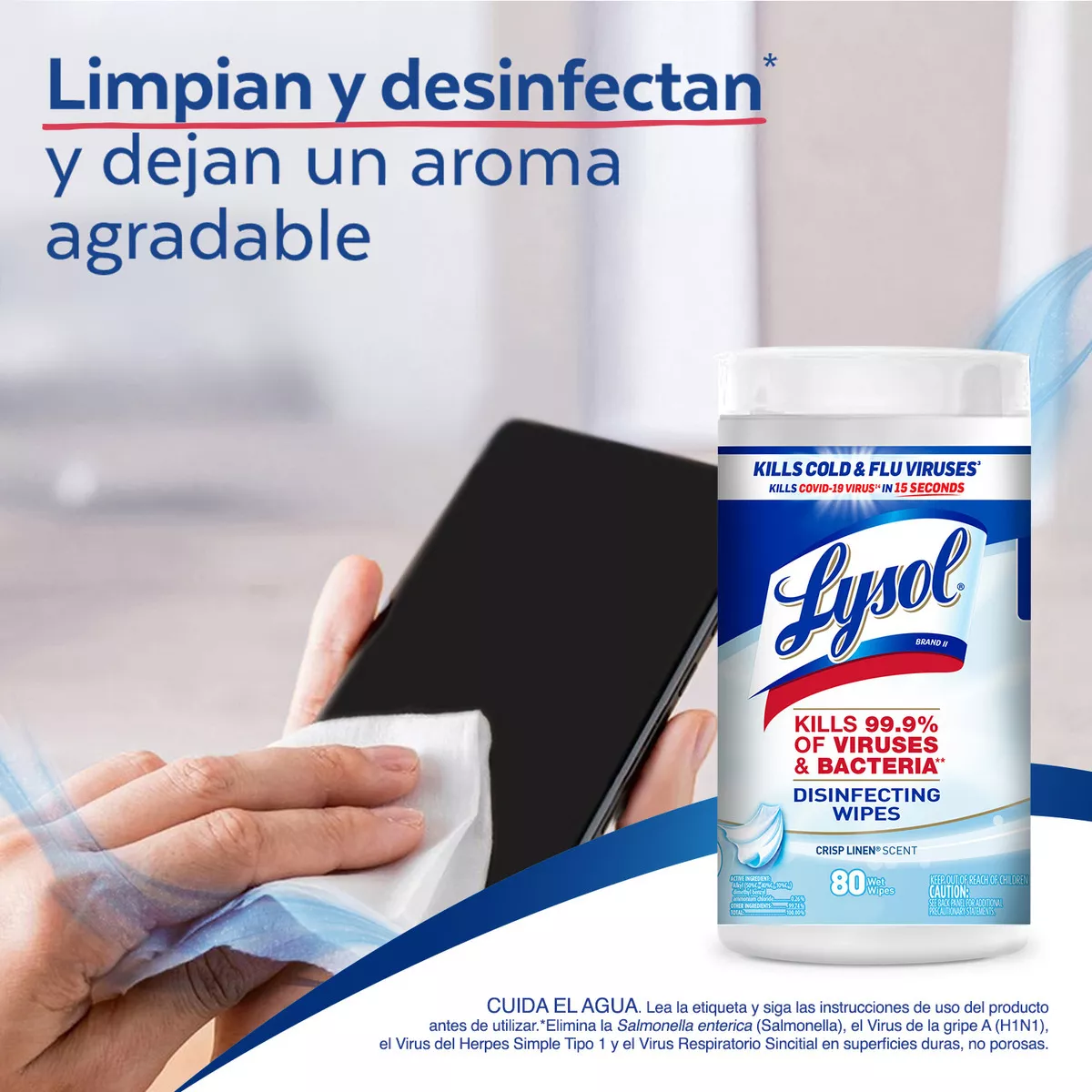 Lysol Toallitas Desinfectantes Viruses & Bacteria Crisp Linen X 80 Unidades - Imagen 2