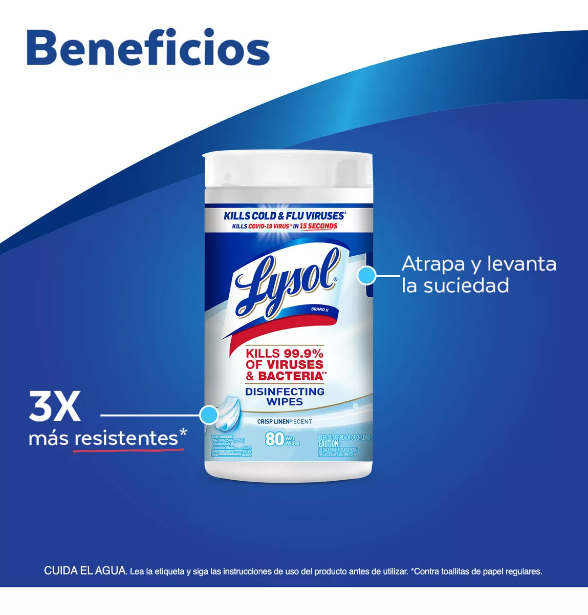 Lysol Toallitas Desinfectantes Viruses & Bacteria Crisp Linen X 80 Unidades - Imagen 3
