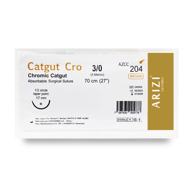 Sutura Cromico 3-0 Aguja Curva No Cortante Absorbible 17Mm-70Cm Arizi